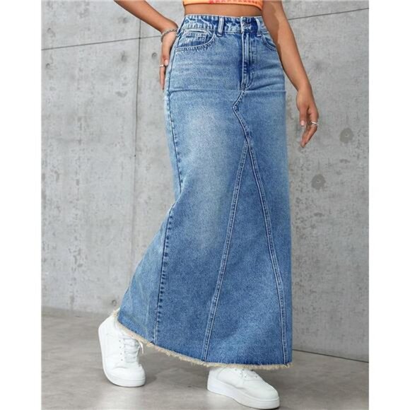 Women's High Waisted Maxi A line Denim Skirt Blue - Picture 6 of 6